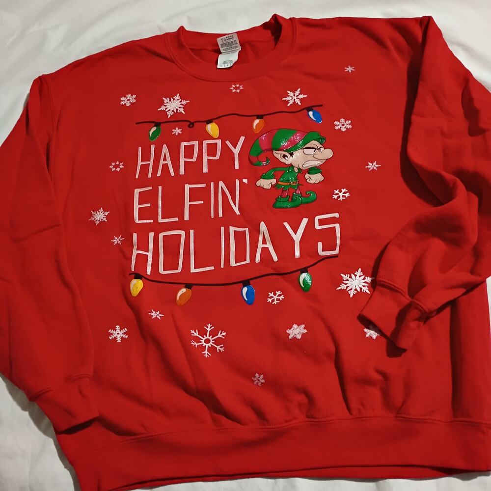 Ugly Christmas Sweatshirt Men's L HAPPY ELFIN HOLIDAYS Puffed Details Red